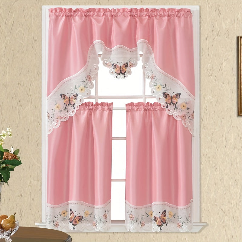 1 SET 3pcs/set Polyester plain fabric with beige floral lace, machine- pink blue gray burgundy butterfly pattern curtains, suitable for home decoration, bathroom, living room, bedroom, kitchen, outdoor decor, villa, wedding,